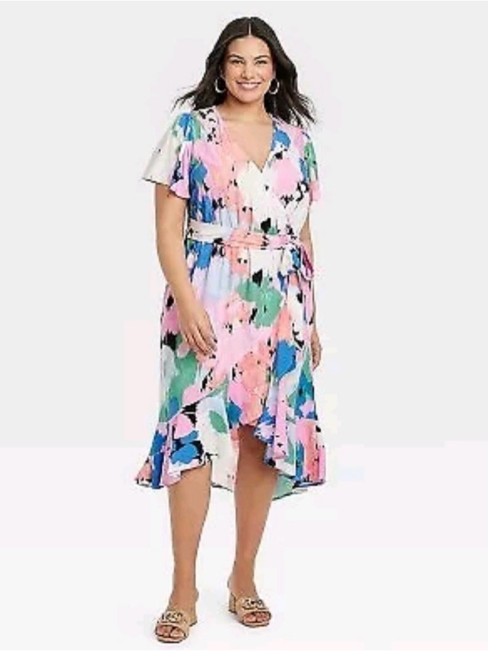 Ava & Viv Floral Flutter Sleeve Midi Faux Wrap Rayon Dress Belted  2x Pink Blue